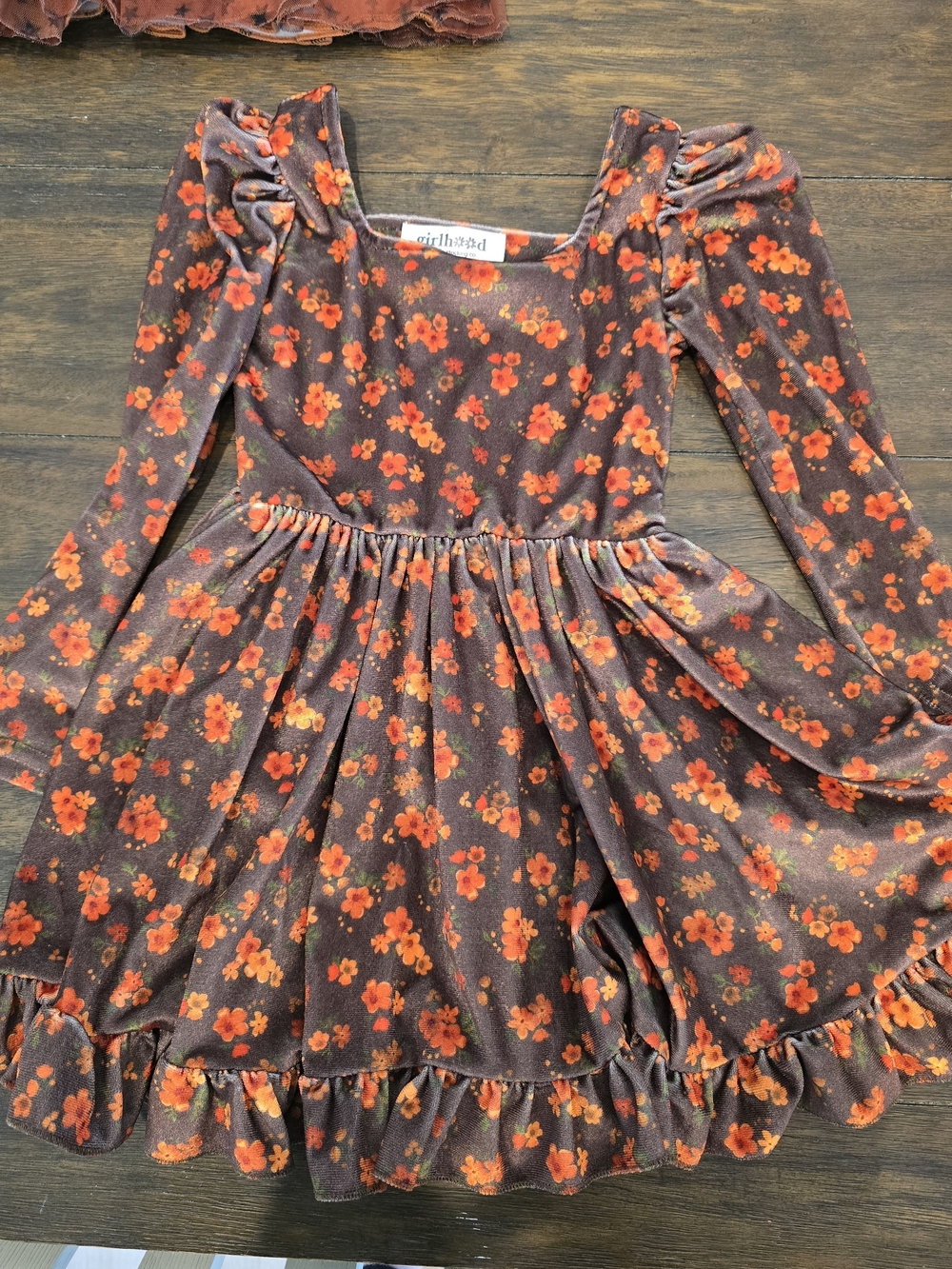 Girls' Brown Floral Long Sleeve Dress with Orange Bloom